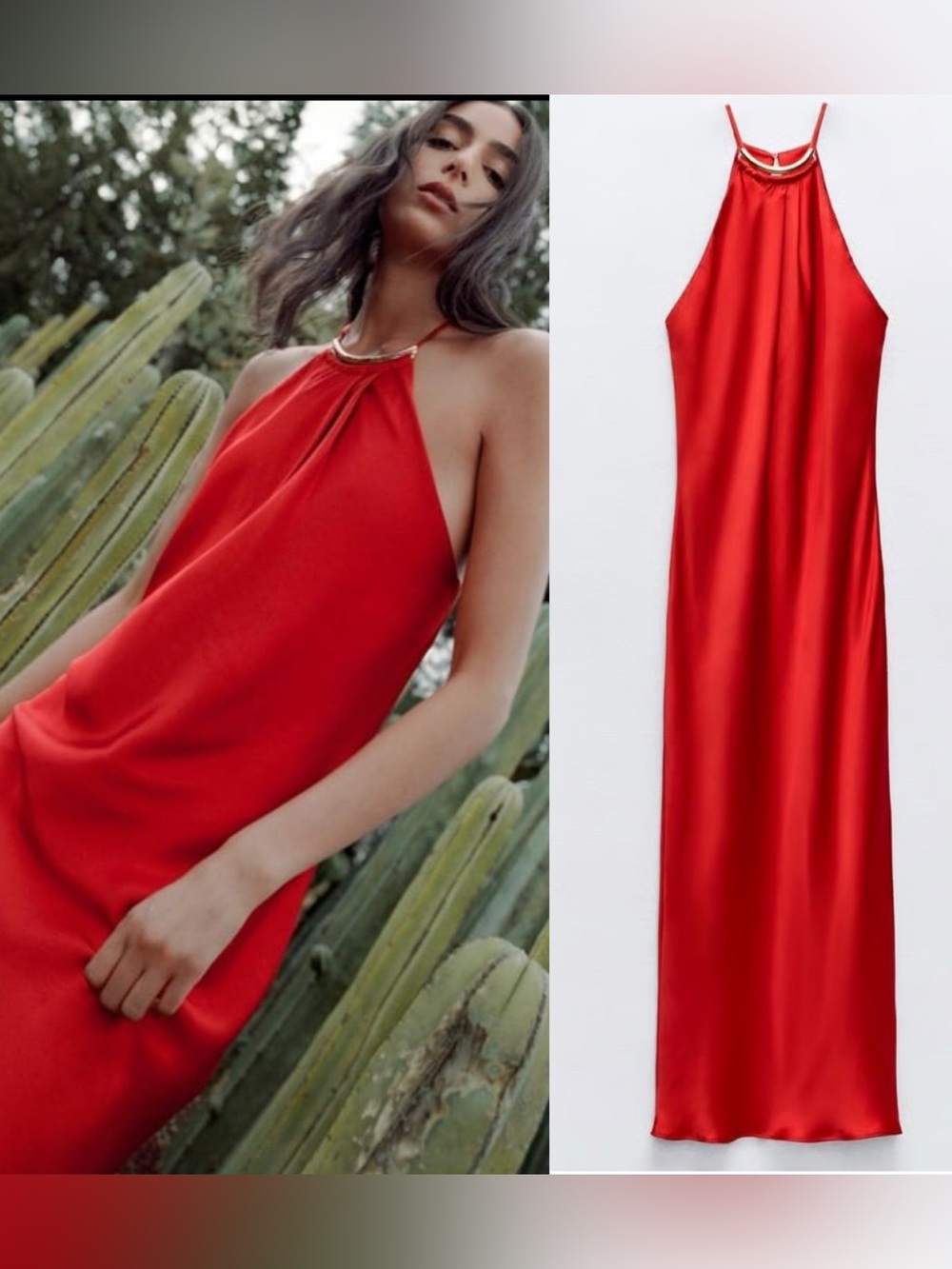Zara Red Satin Halter Midi Dress